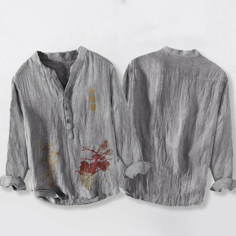 Koszula męska z długim rękawem z bawełny i lnu z kamieniami Buddha Stones, chińskimi znakami, sosną i bambusem - image 8
