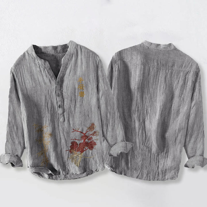 Koszula męska z długim rękawem z bawełny i lnu z kamieniami Buddha Stones, chińskimi znakami, sosną i bambusem - image 8