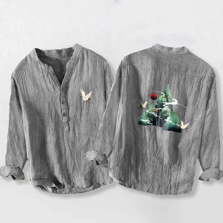 Koszula Buddha Stones z długim rękawem z bawełny i lnu, z motywem czerwonego słońca i żurawia, z półguzikami - Szary - US/UK/AU50, EU60 (5XL) - image 0