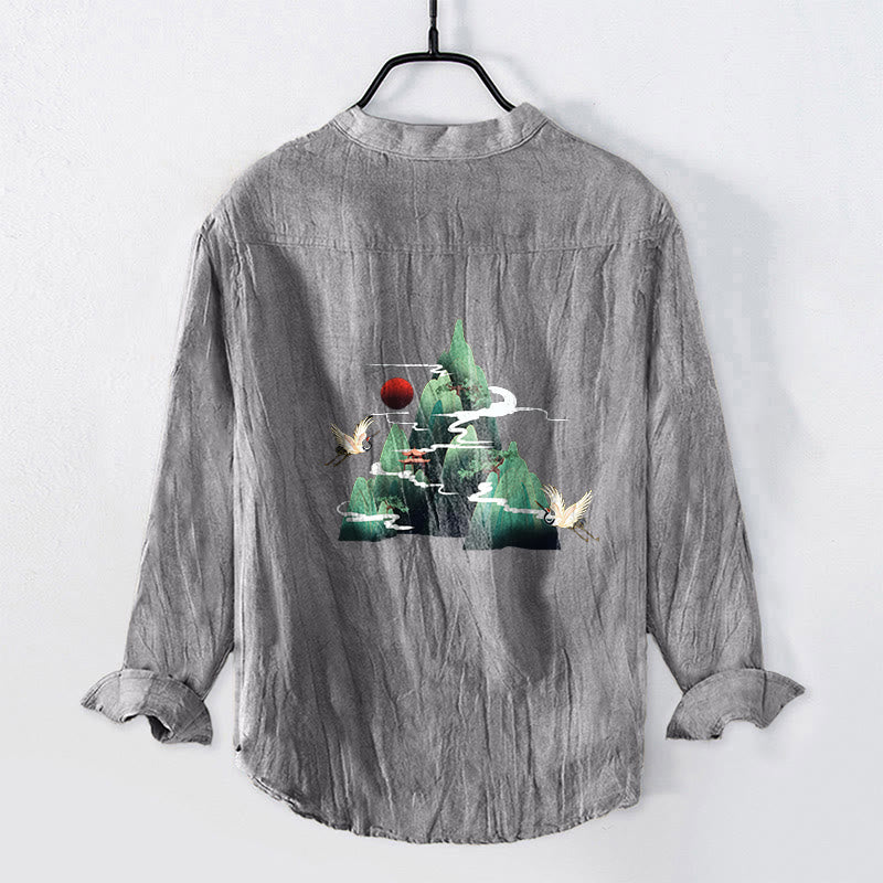 Koszula Buddha Stones z długim rękawem z bawełny i lnu, z motywem czerwonego słońca i żurawia, z półguzikami - image 2