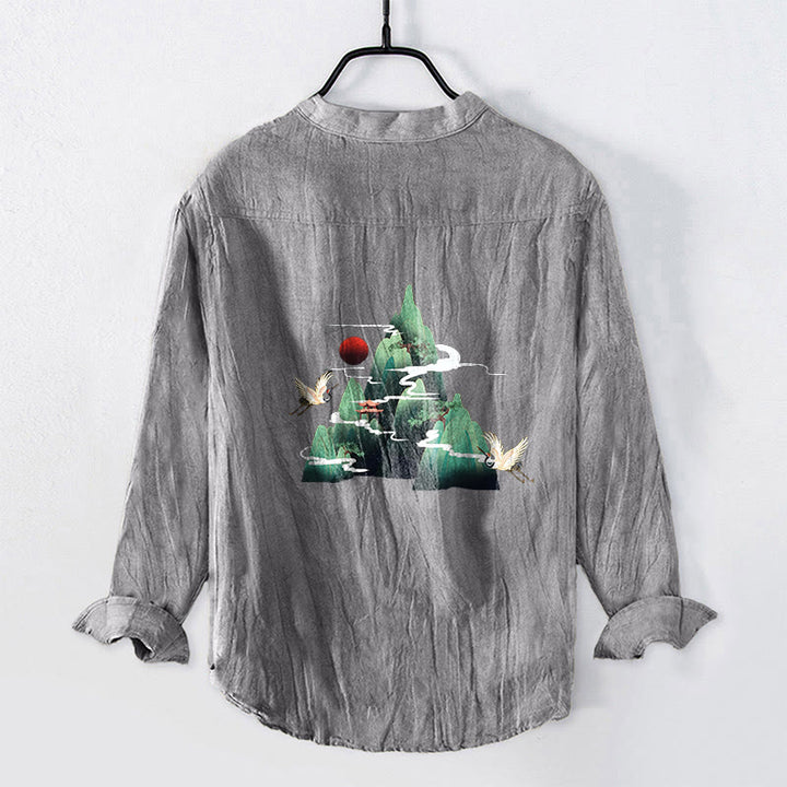 Koszula Buddha Stones z długim rękawem z bawełny i lnu, z motywem czerwonego słońca i żurawia, z półguzikami - image 2