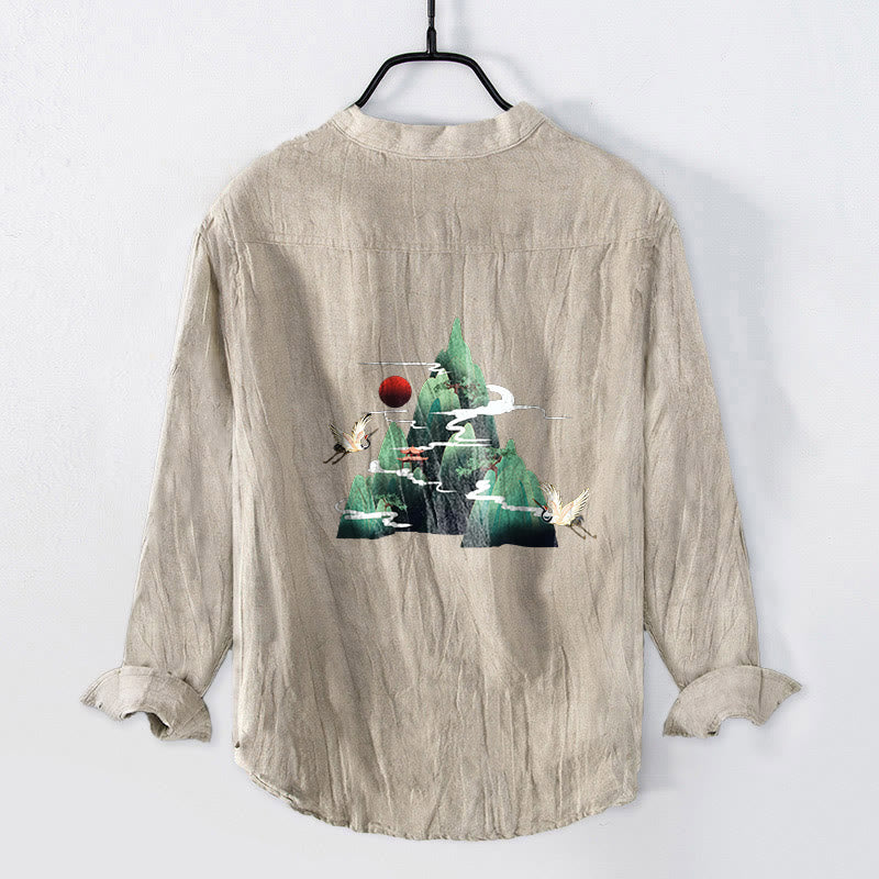 Koszula Buddha Stones z długim rękawem z bawełny i lnu, z motywem czerwonego słońca i żurawia, z półguzikami - image 5