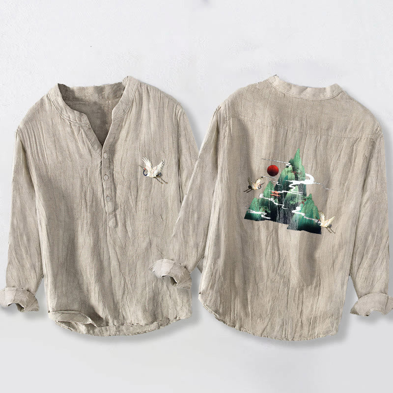 Koszula Buddha Stones z długim rękawem z bawełny i lnu, z motywem czerwonego słońca i żurawia, z półguzikami - Bielizna - US/UK/AU50, EU60 (5XL) - image 3