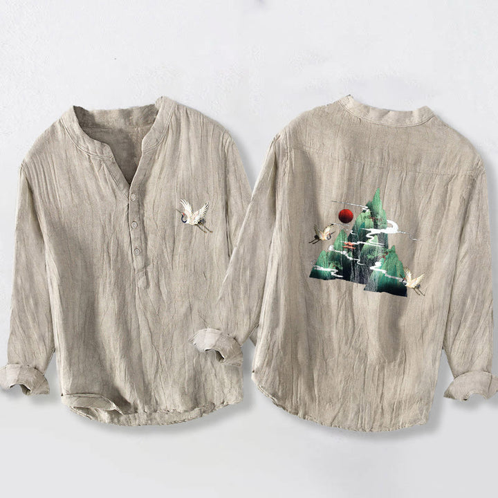 Koszula Buddha Stones z długim rękawem z bawełny i lnu, z motywem czerwonego słońca i żurawia, z półguzikami - Bielizna - US/UK/AU50, EU60 (5XL) - image 3