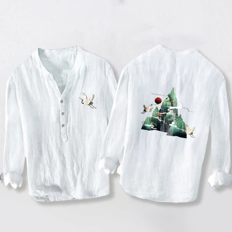 Koszula Buddha Stones z długim rękawem z bawełny i lnu, z motywem czerwonego słońca i żurawia, z półguzikami - Biały - US/UK/AU50, EU60 (5XL) - image 6