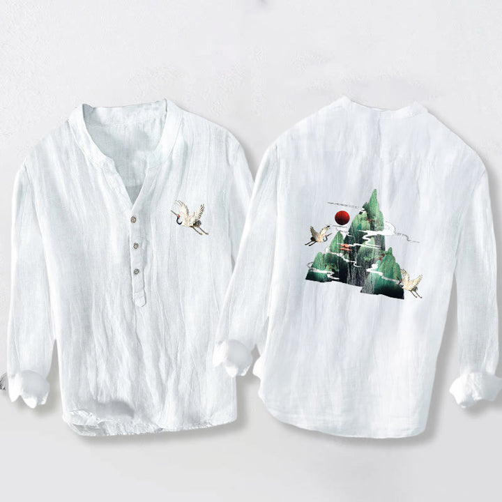 Koszula Buddha Stones z długim rękawem z bawełny i lnu, z motywem czerwonego słońca i żurawia, z półguzikami - Biały - US/UK/AU50, EU60 (5XL) - image 6