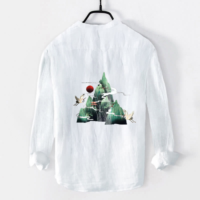 Koszula Buddha Stones z długim rękawem z bawełny i lnu, z motywem czerwonego słońca i żurawia, z półguzikami - image 8