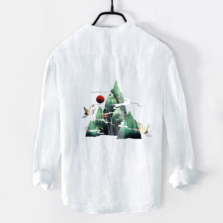 Koszula Buddha Stones z długim rękawem z bawełny i lnu, z motywem czerwonego słońca i żurawia, z półguzikami - image 8