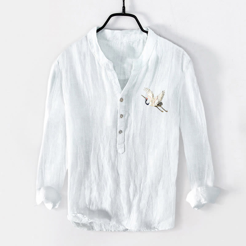 Koszula Buddha Stones z długim rękawem z bawełny i lnu, z motywem czerwonego słońca i żurawia, z półguzikami - image 7