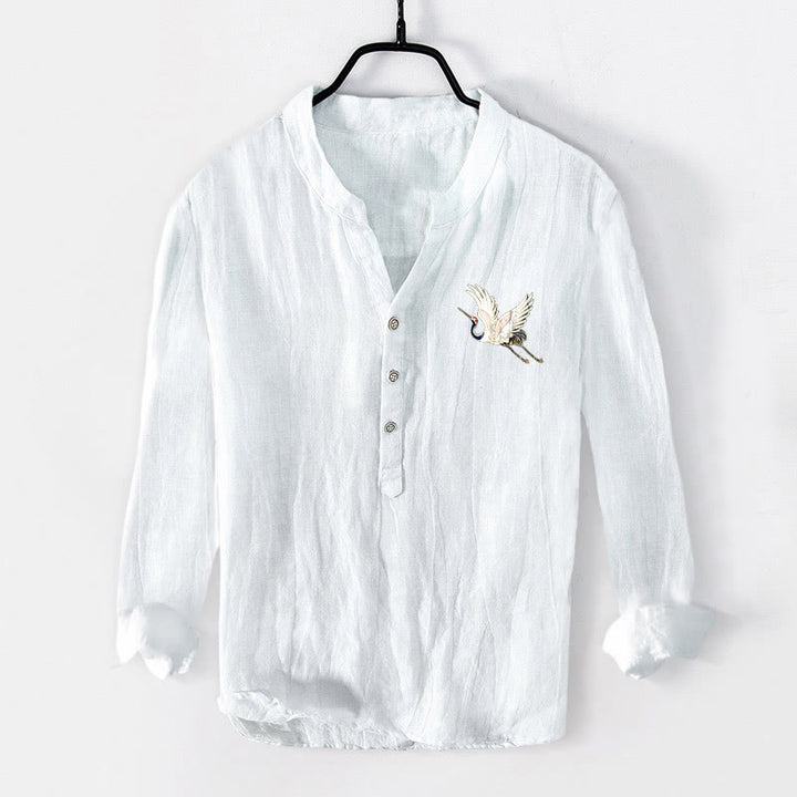 Koszula Buddha Stones z długim rękawem z bawełny i lnu, z motywem czerwonego słońca i żurawia, z półguzikami - image 7