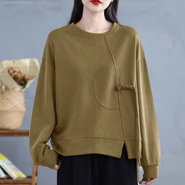 Bluza damska z długim rękawem i okrągłym dekoltem z bawełny z motywem Buddha Stones , zapinana na guziki w kształcie żaby - image 22