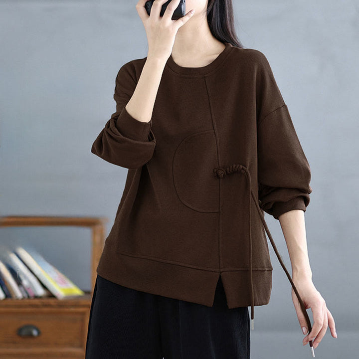 Bluza damska z długim rękawem i okrągłym dekoltem z bawełny z motywem Buddha Stones , zapinana na guziki w kształcie żaby - image 8