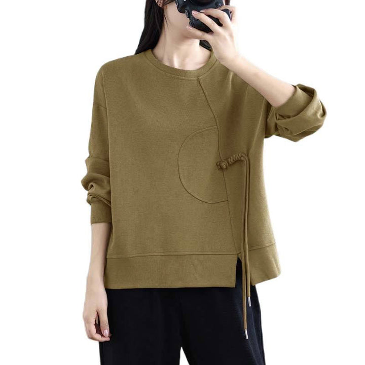 Bluza damska z długim rękawem i okrągłym dekoltem z bawełny z motywem Buddha Stones , zapinana na guziki w kształcie żaby - image 24