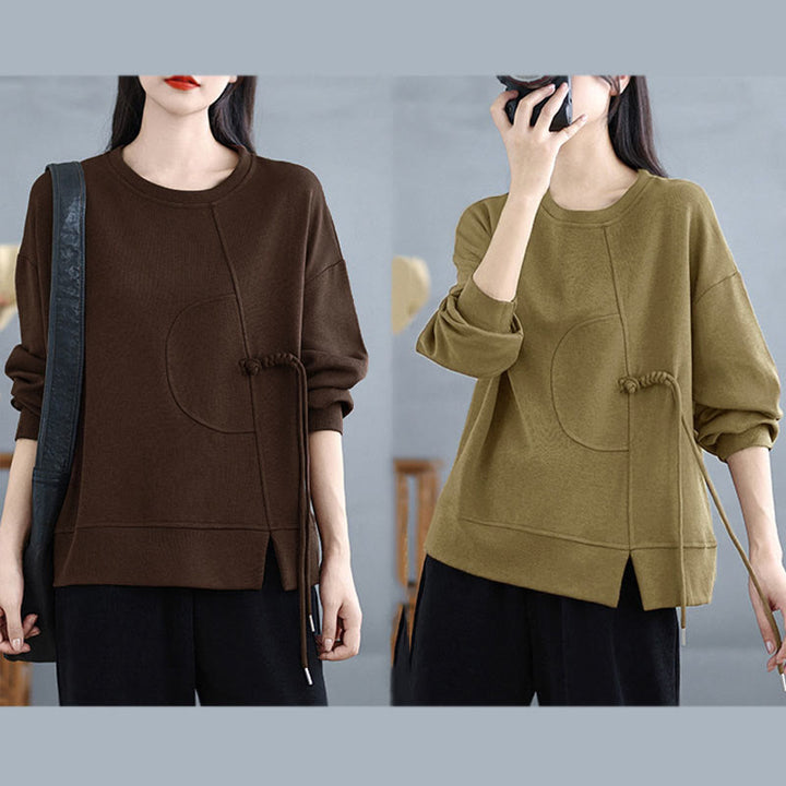 Bluza damska z długim rękawem i okrągłym dekoltem z bawełny z motywem Buddha Stones , zapinana na guziki w kształcie żaby - image 25