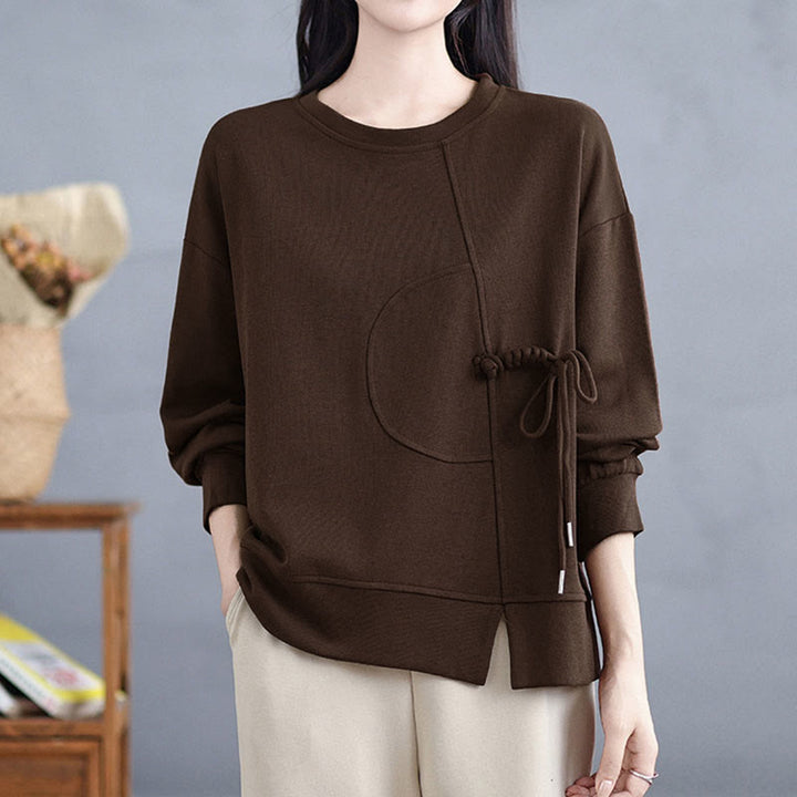 Bluza damska z długim rękawem i okrągłym dekoltem z bawełny z motywem Buddha Stones , zapinana na guziki w kształcie żaby - image 0