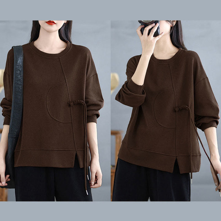 Bluza damska z długim rękawem i okrągłym dekoltem z bawełny z motywem Buddha Stones , zapinana na guziki w kształcie żaby - image 11