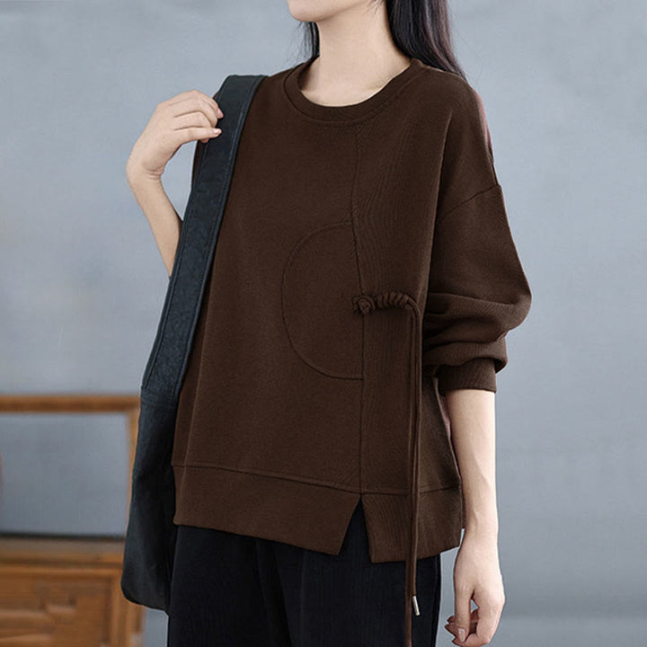 Bluza damska z długim rękawem i okrągłym dekoltem z bawełny z motywem Buddha Stones , zapinana na guziki w kształcie żaby - image 7