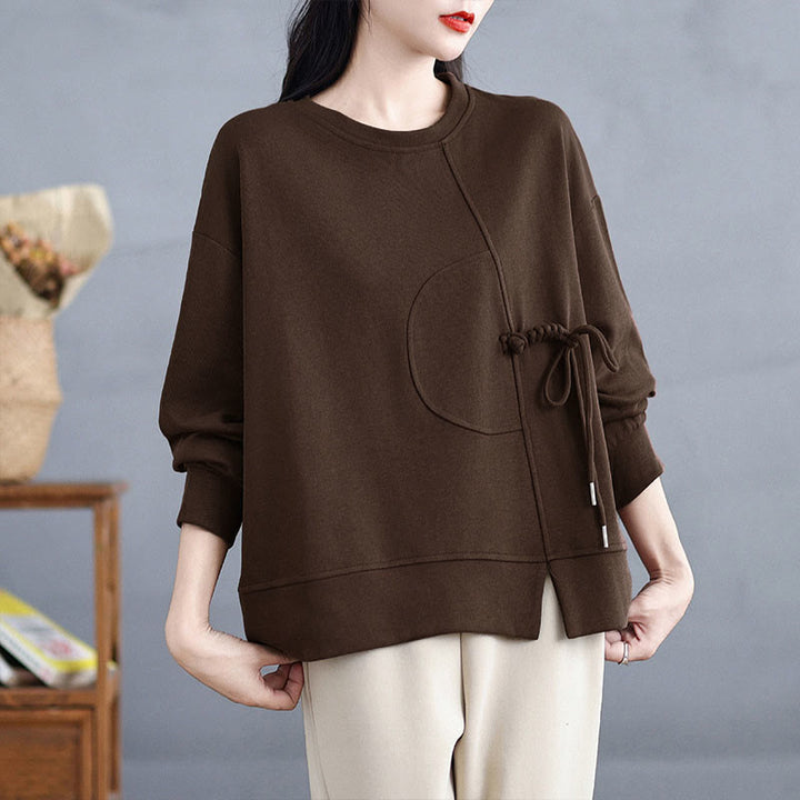 Bluza damska z długim rękawem i okrągłym dekoltem z bawełny z motywem Buddha Stones , zapinana na guziki w kształcie żaby - image 3