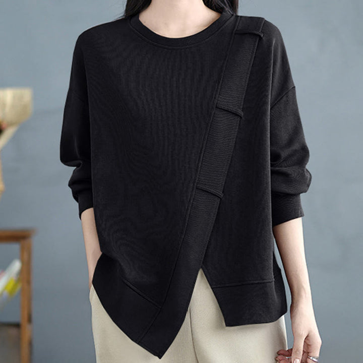 Bluza damska z bawełny z okrągłym dekoltem i długim rękawem w jednolitym kolorze i asymetrycznym wzorem "Buddha Stones Fall" - image 23