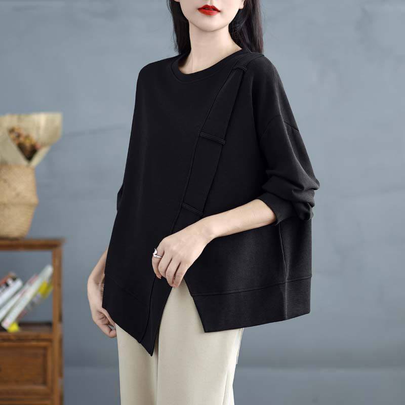 Bluza damska z bawełny z okrągłym dekoltem i długim rękawem w jednolitym kolorze i asymetrycznym wzorem "Buddha Stones Fall" - Czarny - US12, UK/AU16, EU44 (3XL) - image 20