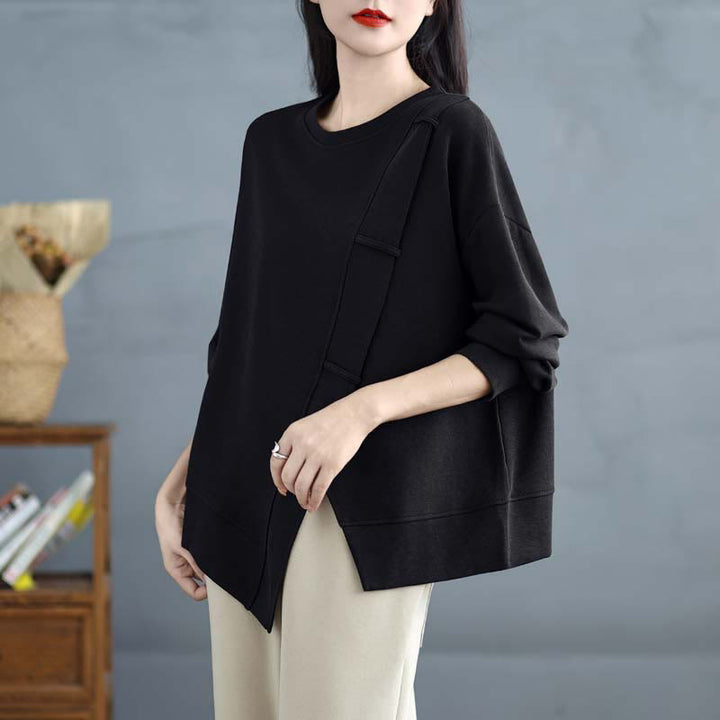 Bluza damska z bawełny z okrągłym dekoltem i długim rękawem w jednolitym kolorze i asymetrycznym wzorem "Buddha Stones Fall" - Czarny - US12, UK/AU16, EU44 (3XL) - image 20