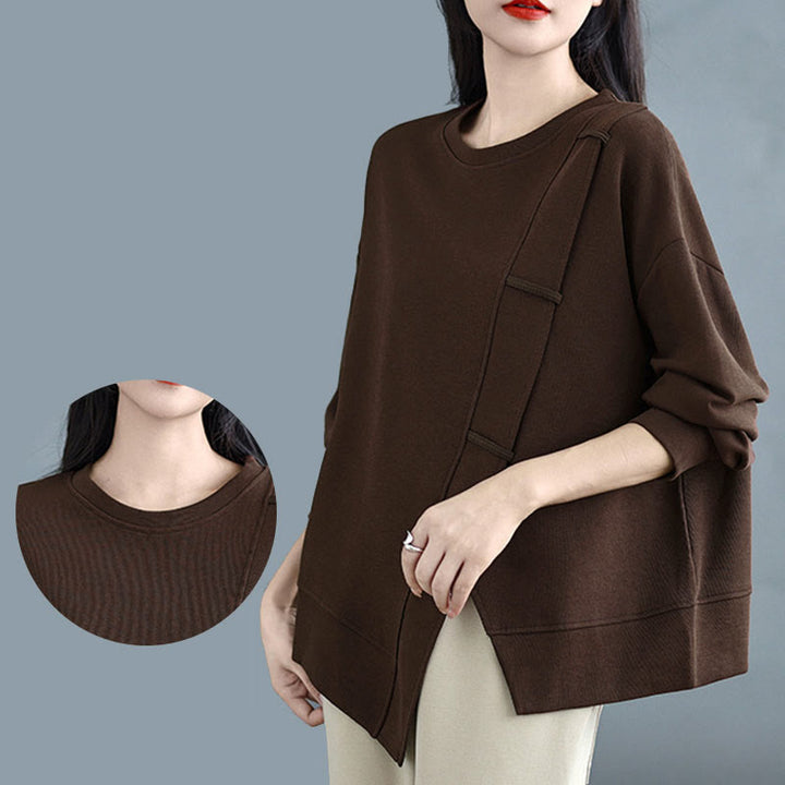 Bluza damska z bawełny z okrągłym dekoltem i długim rękawem w jednolitym kolorze i asymetrycznym wzorem "Buddha Stones Fall" - image 6