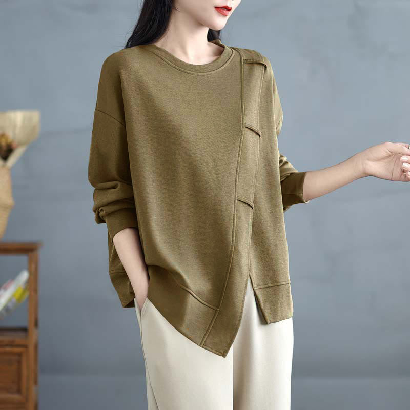 Bluza damska z bawełny z okrągłym dekoltem i długim rękawem w jednolitym kolorze i asymetrycznym wzorem "Buddha Stones Fall" - Ciemny Khaki - US12, UK/AU16, EU44 (3XL) - image 15