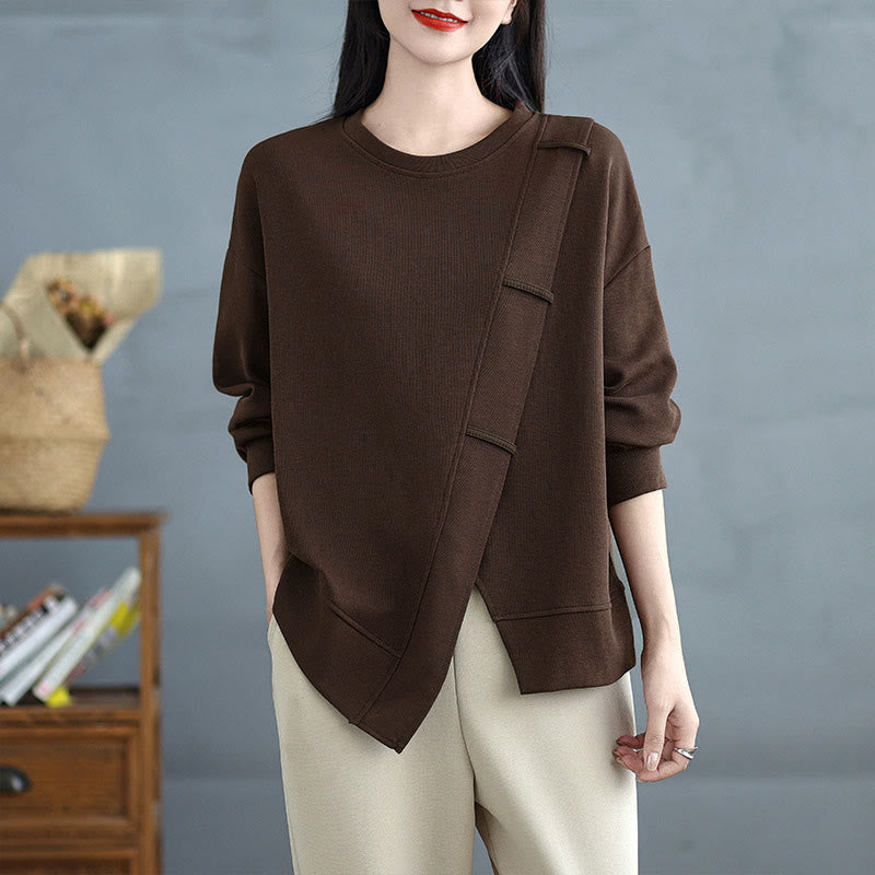 Bluza damska z bawełny z okrągłym dekoltem i długim rękawem w jednolitym kolorze i asymetrycznym wzorem "Buddha Stones Fall" - SaddleBrown - US12, UK/AU16, EU44 (3XL) - image 0