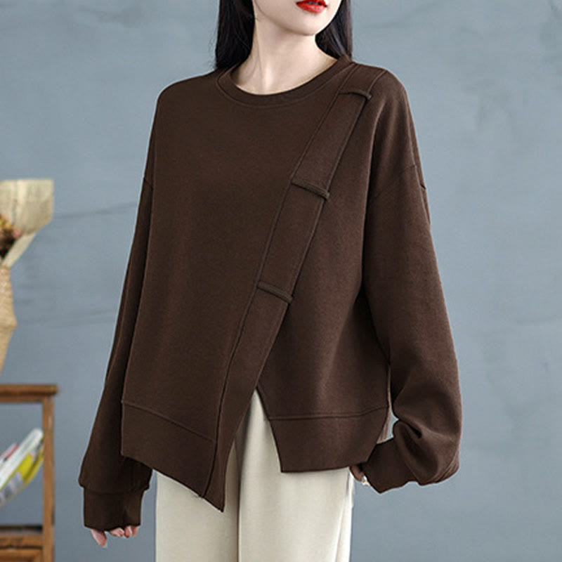 Bluza damska z bawełny z okrągłym dekoltem i długim rękawem w jednolitym kolorze i asymetrycznym wzorem "Buddha Stones Fall" - image 1