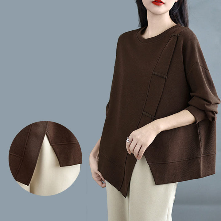 Bluza damska z bawełny z okrągłym dekoltem i długim rękawem w jednolitym kolorze i asymetrycznym wzorem "Buddha Stones Fall" - image 8