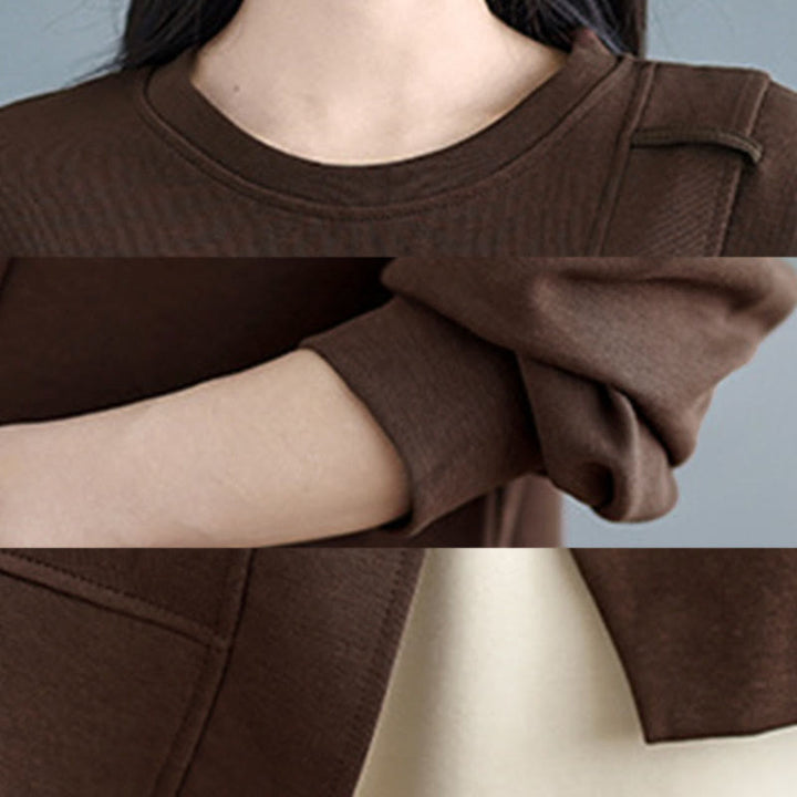 Bluza damska z bawełny z okrągłym dekoltem i długim rękawem w jednolitym kolorze i asymetrycznym wzorem "Buddha Stones Fall" - image 14