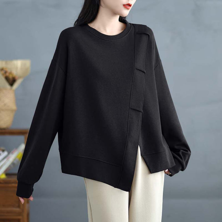 Bluza damska z bawełny z okrągłym dekoltem i długim rękawem w jednolitym kolorze i asymetrycznym wzorem "Buddha Stones Fall" - image 21