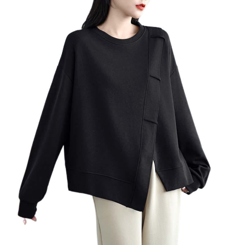 Bluza damska z bawełny z okrągłym dekoltem i długim rękawem w jednolitym kolorze i asymetrycznym wzorem "Buddha Stones Fall" - image 25