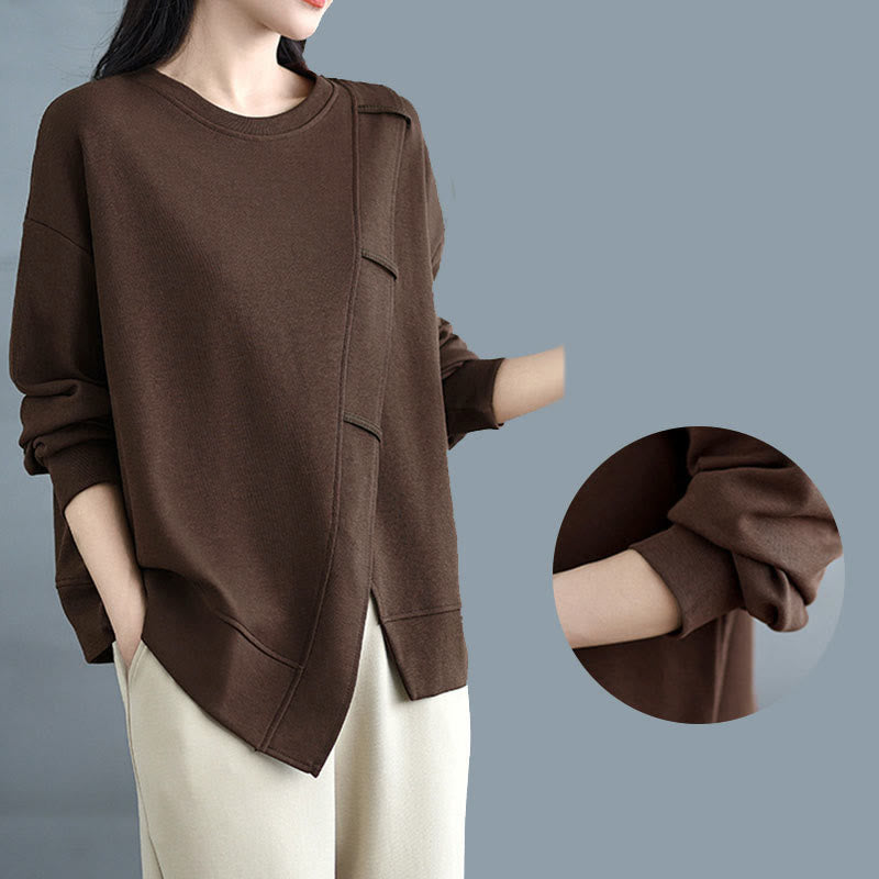 Bluza damska z bawełny z okrągłym dekoltem i długim rękawem w jednolitym kolorze i asymetrycznym wzorem "Buddha Stones Fall" - image 7