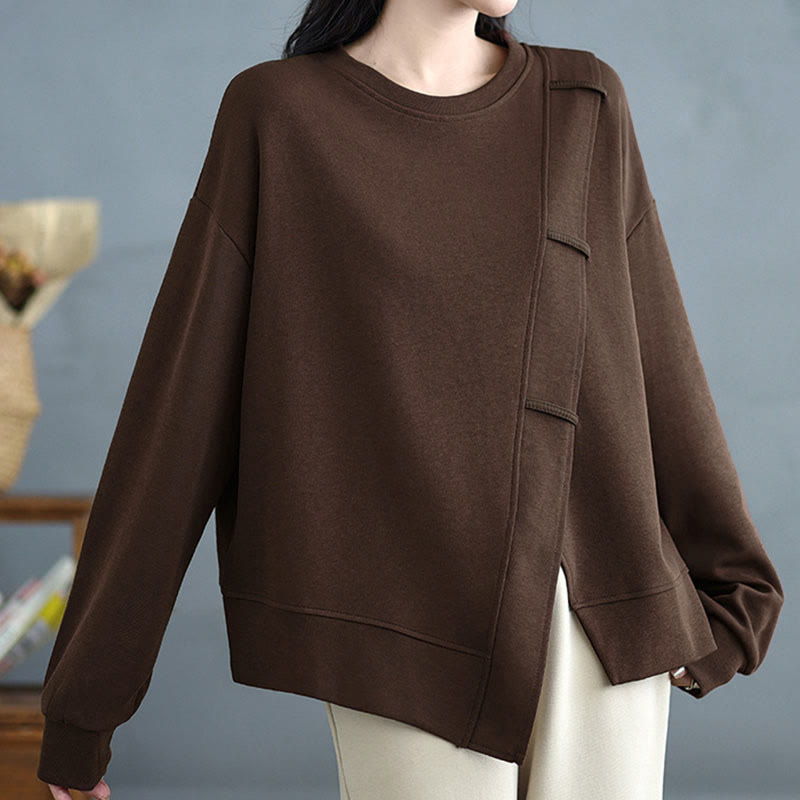 Bluza damska z bawełny z okrągłym dekoltem i długim rękawem w jednolitym kolorze i asymetrycznym wzorem "Buddha Stones Fall" - image 4