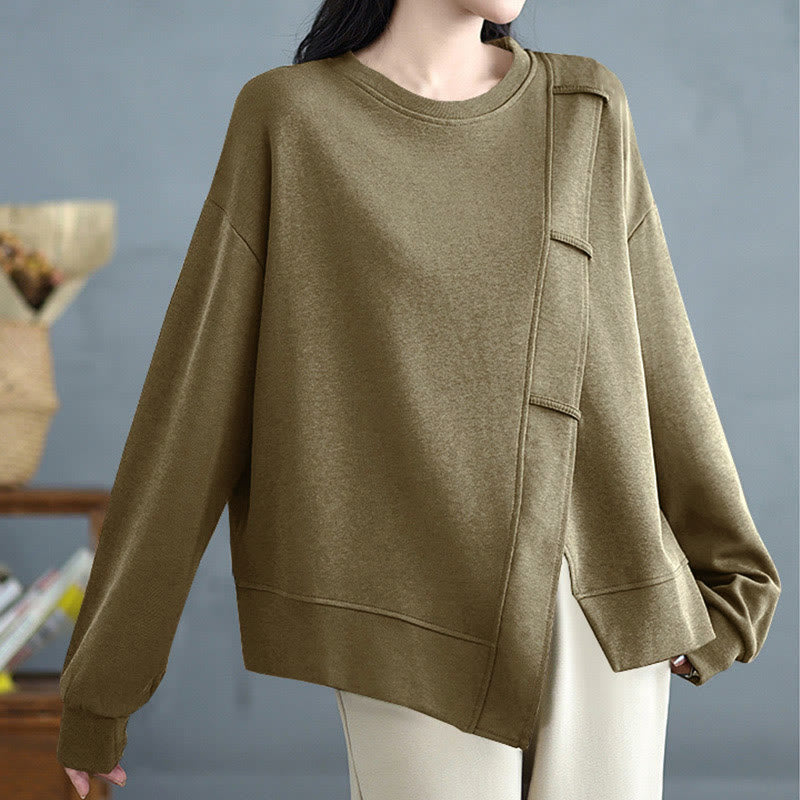 Bluza damska z bawełny z okrągłym dekoltem i długim rękawem w jednolitym kolorze i asymetrycznym wzorem "Buddha Stones Fall" - image 18