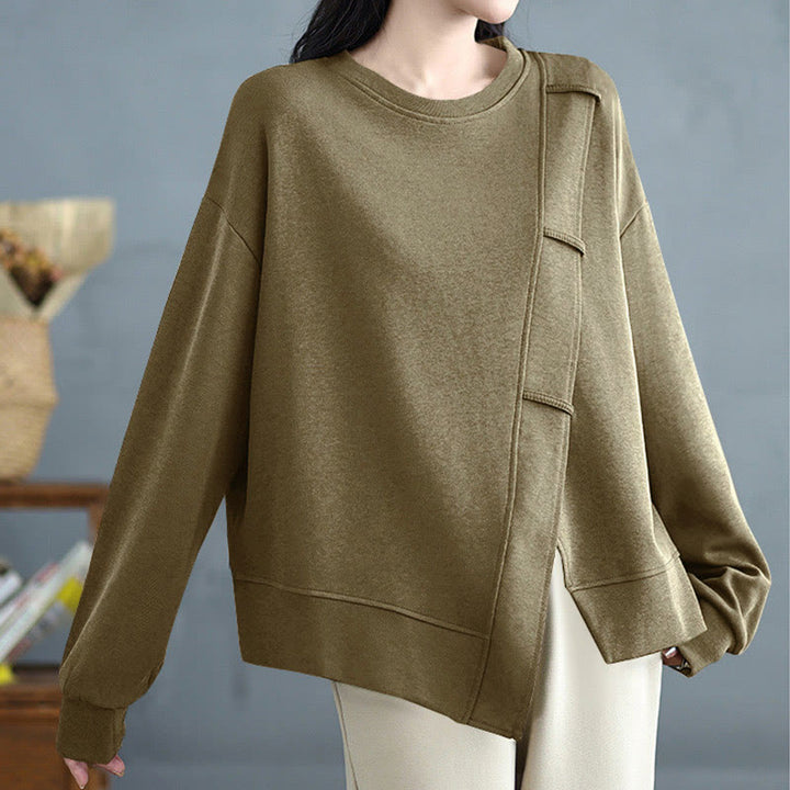 Bluza damska z bawełny z okrągłym dekoltem i długim rękawem w jednolitym kolorze i asymetrycznym wzorem "Buddha Stones Fall" - image 18