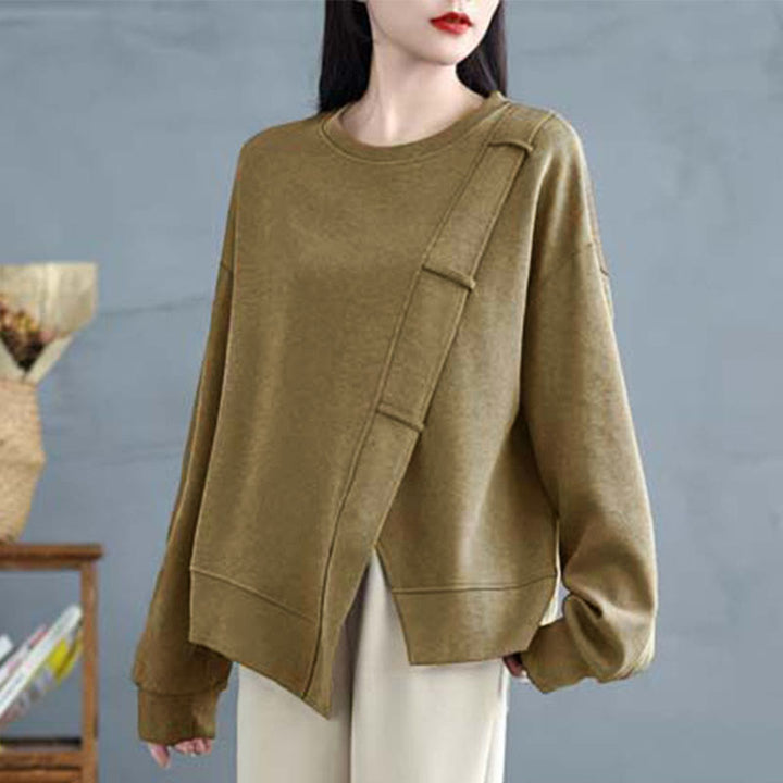 Bluza damska z bawełny z okrągłym dekoltem i długim rękawem w jednolitym kolorze i asymetrycznym wzorem "Buddha Stones Fall" - image 16