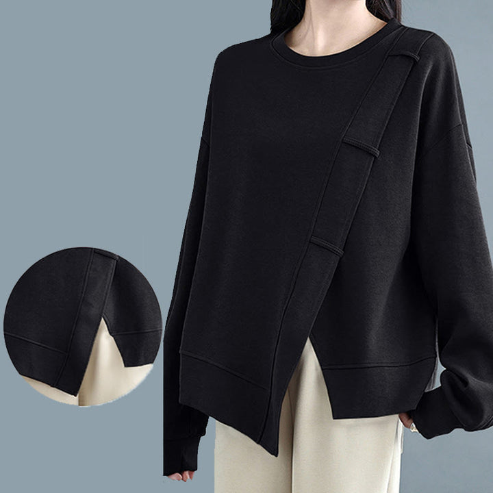 Bluza damska z bawełny z okrągłym dekoltem i długim rękawem w jednolitym kolorze i asymetrycznym wzorem "Buddha Stones Fall" - image 24