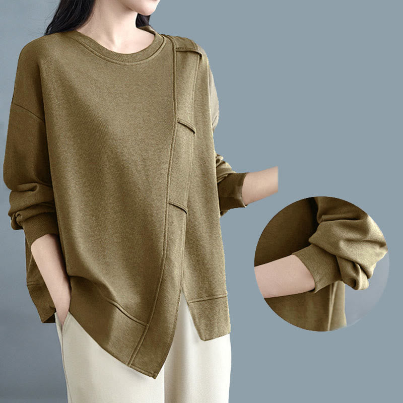 Bluza damska z bawełny z okrągłym dekoltem i długim rękawem w jednolitym kolorze i asymetrycznym wzorem "Buddha Stones Fall" - image 19