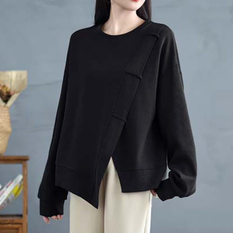 Bluza damska z bawełny z okrągłym dekoltem i długim rękawem w jednolitym kolorze i asymetrycznym wzorem "Buddha Stones Fall" - image 22