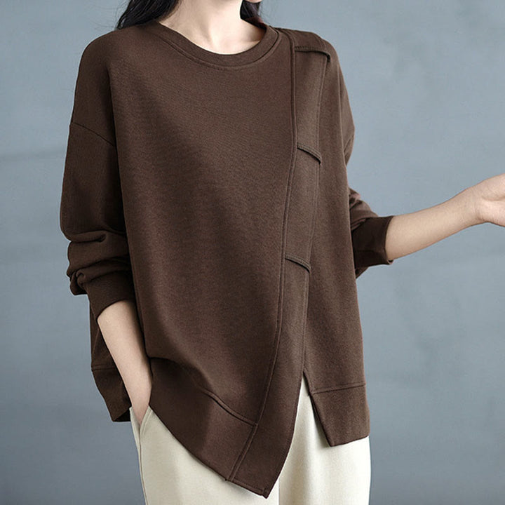 Bluza damska z bawełny z okrągłym dekoltem i długim rękawem w jednolitym kolorze i asymetrycznym wzorem "Buddha Stones Fall" - image 2