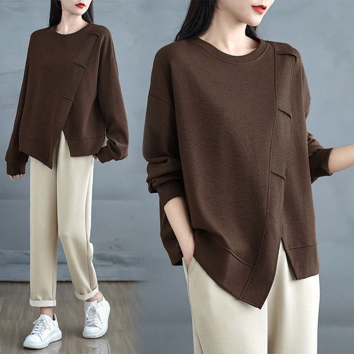 Bluza damska z bawełny z okrągłym dekoltem i długim rękawem w jednolitym kolorze i asymetrycznym wzorem "Buddha Stones Fall" - image 5