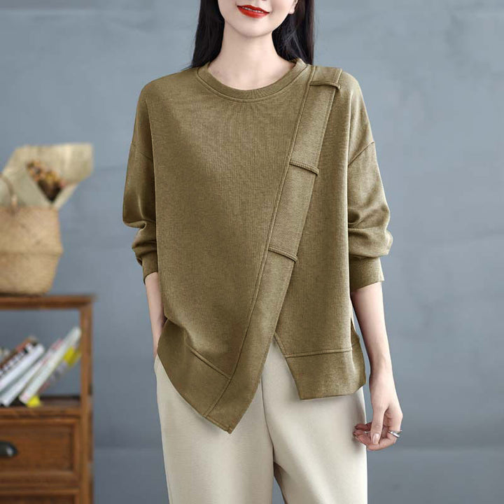 Bluza damska z bawełny z okrągłym dekoltem i długim rękawem w jednolitym kolorze i asymetrycznym wzorem "Buddha Stones Fall" - image 17