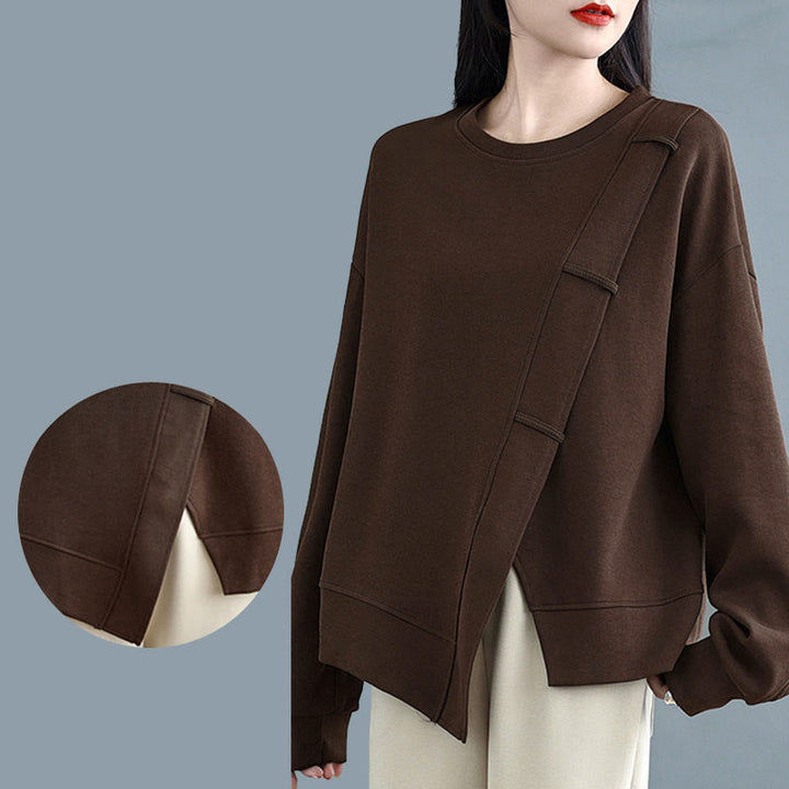 Bluza damska z bawełny z okrągłym dekoltem i długim rękawem w jednolitym kolorze i asymetrycznym wzorem "Buddha Stones Fall" - image 9