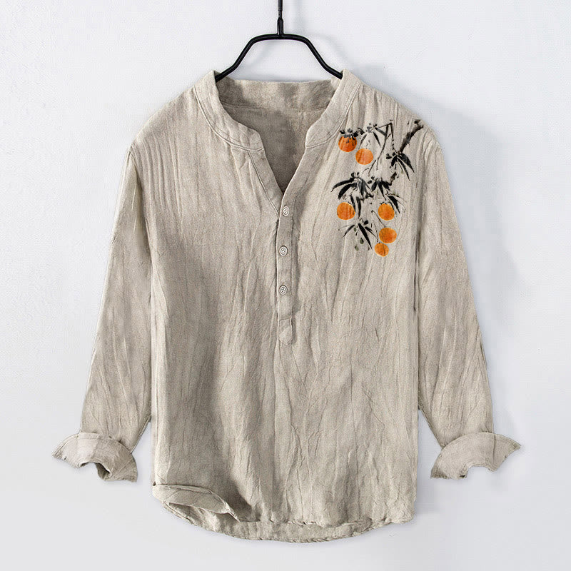 Koszula męska z długim rękawem z bawełny i lnu z motywem drzew pomarańczowych i Buddha Stones, zapinana na pół guziki - Bielizna - US/UK/AU50, EU60 (5XL) - image 0