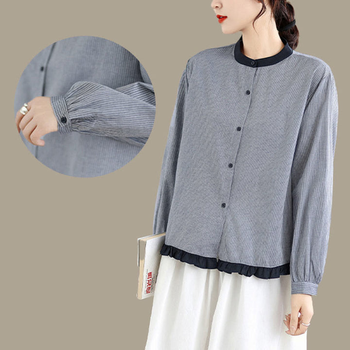 Koszula damska z długim rękawem z bawełny w kratę w paski i falbaniaste brzegi z motywem Buddha Stones - image 14