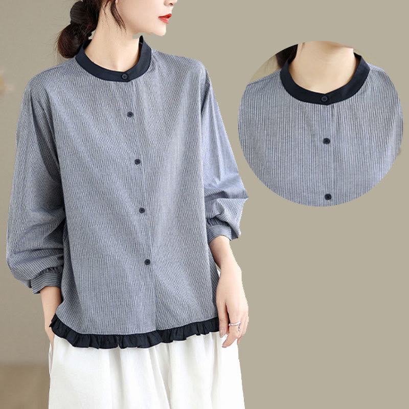 Koszula damska z długim rękawem z bawełny w kratę w paski i falbaniaste brzegi z motywem Buddha Stones - image 13