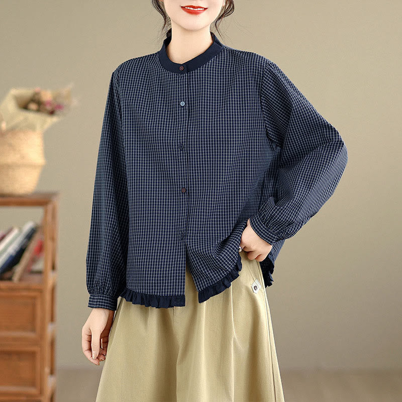 Koszula damska z długim rękawem z bawełny w kratę w paski i falbaniaste brzegi z motywem Buddha Stones - Krata w kolorze MidnightBlue - US8-10，UK/AU12-14，EU40-42 (2XL) - image 0