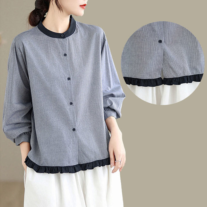 Koszula damska z długim rękawem z bawełny w kratę w paski i falbaniaste brzegi z motywem Buddha Stones - image 15